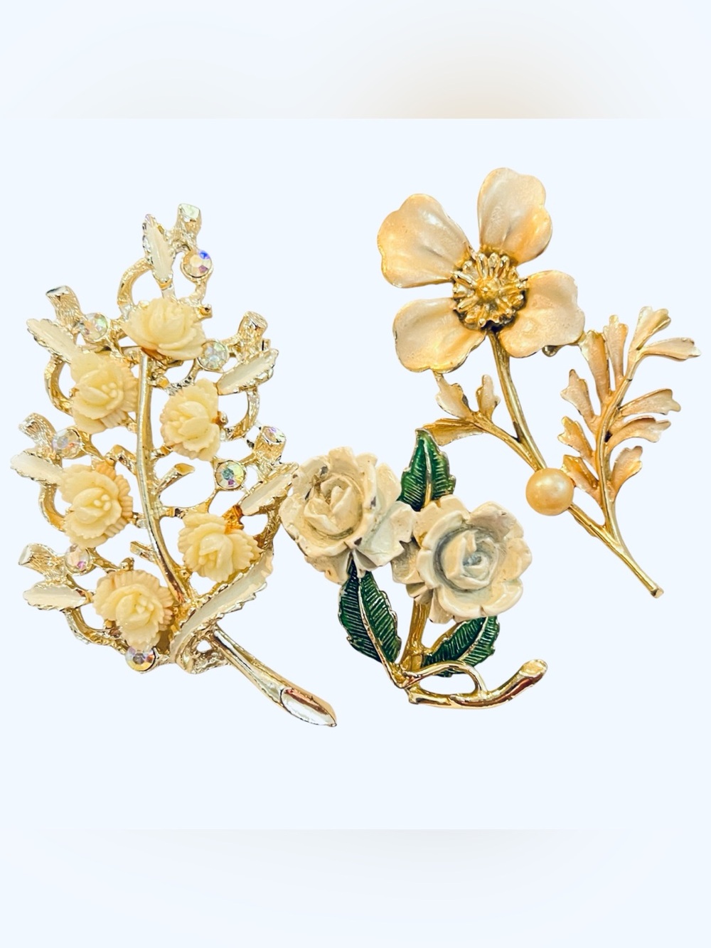 Vintage Flower Brooch Lot - White Enamel Rose Pearl & Rhinestone Bouquet Pins